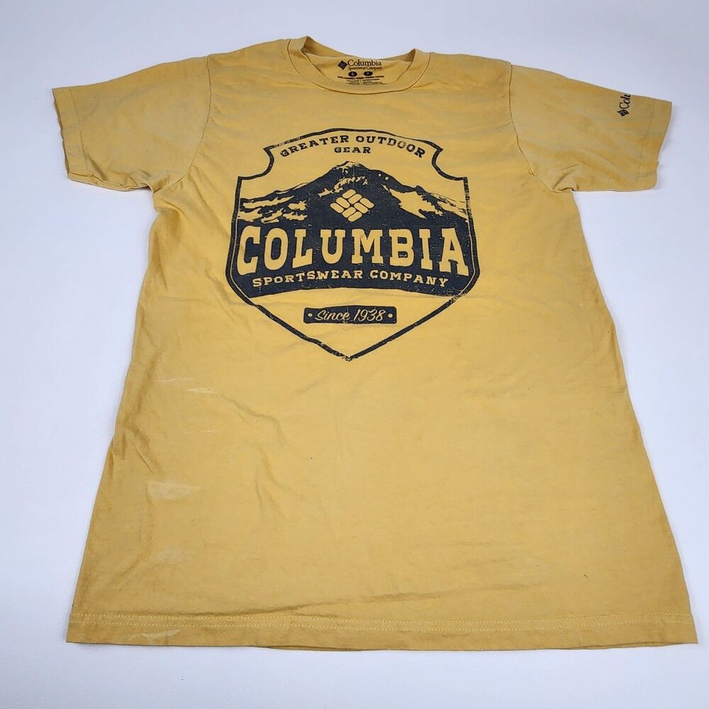 Columbia Graphic T Shirt Men's Small Yellow Greater Outdoor Gear Logo Tee